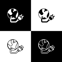 Set Global energy power planet with plug icon isolated on black and white background. Ecology concept and environmental. Vector