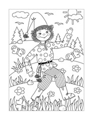 Happy cheerful handsome Petrushka rag doll walks outdoor coloring page 
