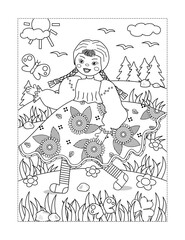 Beautiful cheerful girl rag doll walking outdoor coloring page black and white printable page
