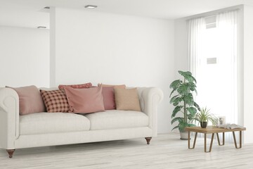 White living room with sofa. Scandinavian interior design. 3D illustration