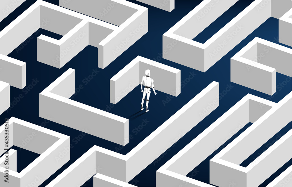 Aufkleber Robot standing at center of maze. Business concept for problem solving and solution strategy