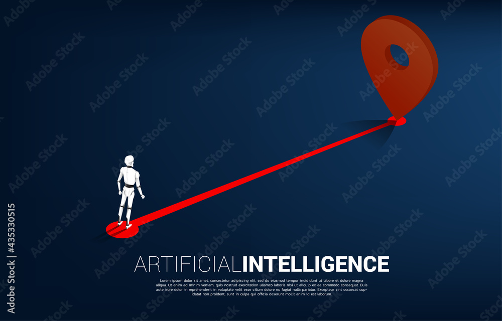 Poster Robot standing between 3D location pin markers and businessman . Concept for Location and direction and A.i..