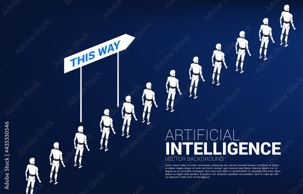 Poster Robot standing in queue with direction. concept of artificial intelligence and machine learning worker technology.