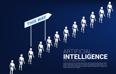 Robot standing in queue with direction. concept of artificial intelligence and machine learning worker technology.