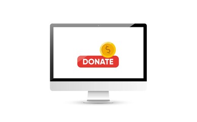 Donate online concept. Computer with gold coin and button on the screen.
