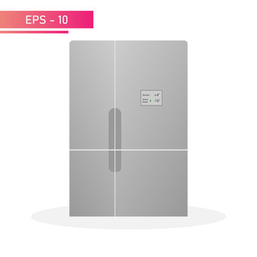 Modern large grey refrigerator with display, vertical handles and four cameras. Realistic design. On a white background. Household appliances for the home. Flat vector illustration.