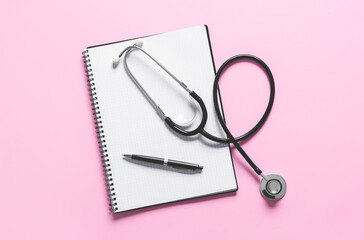 Modern stethoscope, notebook and pen on color background