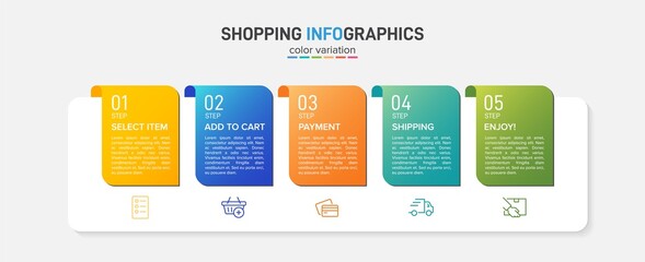 Concept of shopping process with 5 successive steps. Five colorful graphic elements. Timeline design for brochure, presentation, web site. Infographic design layout.