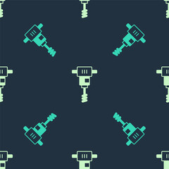 Green and beige Electrical hand concrete mixer icon isolated seamless pattern on blue background. Handheld electric cement mixer. Vector