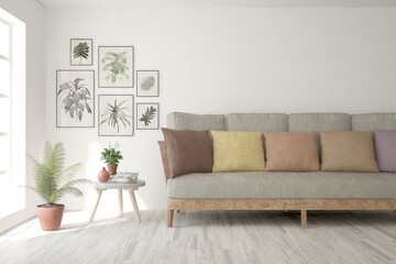 Fototapeta premium Soft color living room with sofa. Scandinavian interior design. 3D illustration