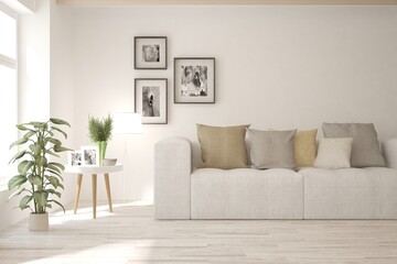 White living room with sofa. Scandinavian interior design. 3D illustration