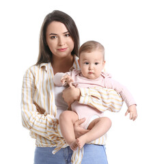 Mother with cute little baby on white background
