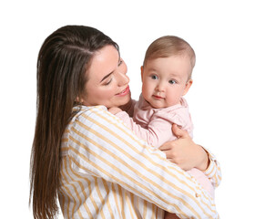 Mother with cute little baby on white background, closeup