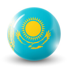 Glass light ball with flag of Kazakhstan. Round sphere, template icon. Kazakh national symbol. Glossy realistic ball, 3D abstract vector illustration highlighted on a white background. Big bubble