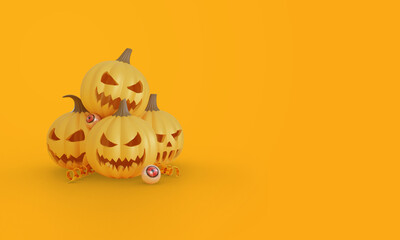Halloween 3d rendering with stacked 3d pumpkin.