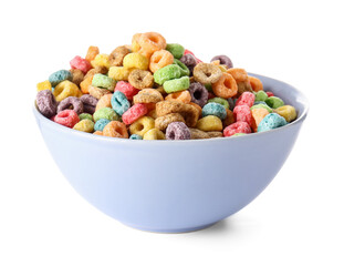 Bowl with cereal rings on white background