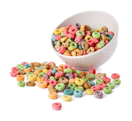 Bowl with cereal rings on white background