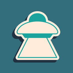 Green UFO flying spaceship icon isolated on green background. Flying saucer. Alien space ship. Futuristic unknown flying object. Long shadow style. Vector