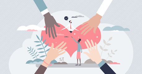 Solidarity help and unity in different nationalities tiny persons concept. Various ethnic groups holding one donation heart and bonding as global friendship, support and care vector illustration. - obrazy, fototapety, plakaty