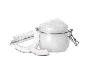 Jar of natural body scrub on white background