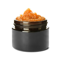 Jar of natural body scrub on white background