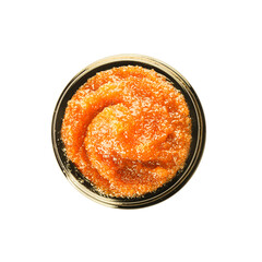 Jar of natural body scrub on white background