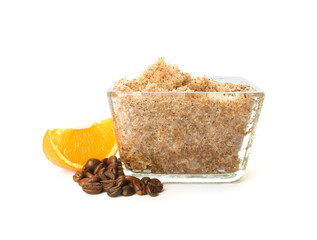 Bowl of natural body scrub on white background