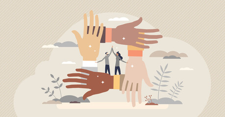Solidarity and unity as connect multiracial people hands tiny person concept. Teamwork and social connection or bonding as international collaboration and support vector illustration. Trust and care. - obrazy, fototapety, plakaty