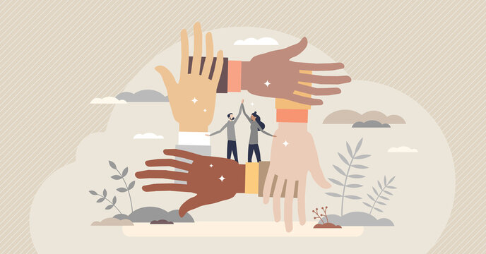 Solidarity and unity as connect multiracial people hands tiny person concept. Teamwork and social connection or bonding as international collaboration and support vector illustration. Trust and care.