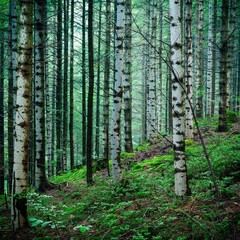 Widok drzew w lesie - drzewa iglaste w porannym słońcu, las iglasty