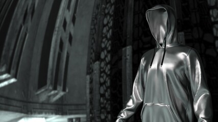 Fototapeta na wymiar Anonymous hacker with metallic silver hoodie in shadow under spaceship inside background. Dangerous criminal concept image. 3D CG. 3D illustration. 3D high quality rendering.