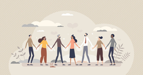 Solidarity and unity in different social ethnic groups tiny person concept. Multiracial crowd standing and holding hands as bonding and equality symbol vector illustration. Multinational connection. - obrazy, fototapety, plakaty