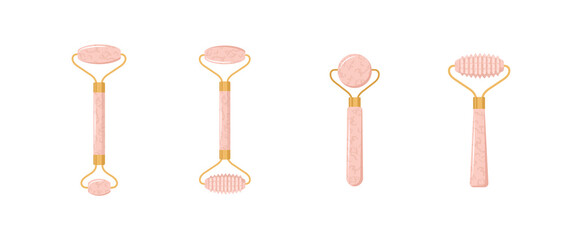 Quartz facial roller. Chinese gua sha massage. Collection of different shape natural pink quartz stones. Skin care and morning routine. Vector illustration in flat cartoon style.