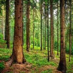 Obrazy na Plexi  Widok drzew w lesie - drzewa iglaste w porannym słońcu, las iglasty