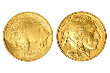 Gold coins of the United States of America isolated on a white background