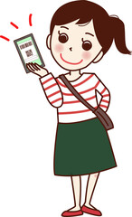 スマホ決済をする笑顔の若い女性。