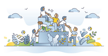 Helping business partners or colleagues to reach company goal outline concept. Partnership, collaboration and support scene with giving hand and motivation from business leaders vector illustration.