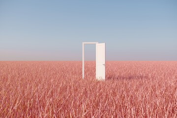 Uitstekende Witte deur open op roze gras ingediend landschap met hemelachtergrond. Minimaal idee concept. 3D-weergave.