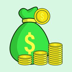 Money bag filled with gold coin. Cartoon vector illustration of money bag