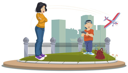 Woman and child plays with toy plane. Illustration for internet and mobile website.