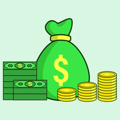 Money bag filled with dollars and gold coin cartoon vector illustration