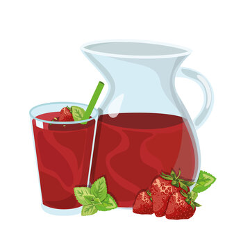 Jug and glass with strawberry juice, healthy vitamin drink, vector illustration of food
