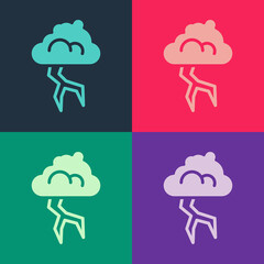 Pop art Storm icon isolated on color background. Cloud and lightning sign. Weather icon of storm. Vector