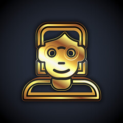 Gold Hacker or coder icon isolated on black background. Programmer developer working on code, coding, testing, debugging, analysing. Vector