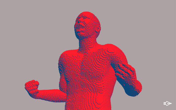 Man shouting and holding fists. Emotional overwhelmed guy yelling. Life perception or achievement concept. Come on, you can do it! Voxel art. 3D vector illustration.