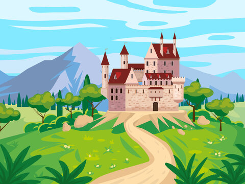 Fantasy landscape with Castle medieval Kingdom rural countryside. Fairytale background mountaines, trees, flora, field road to palace. Vector illustration