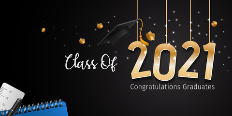 2021 Graduation with Cap Vector. Class of 2021 Year Graduation Banner. Banner for Graduation Greeting Card. Lettering Class of 2021 for Greeting and Invitation Card.
