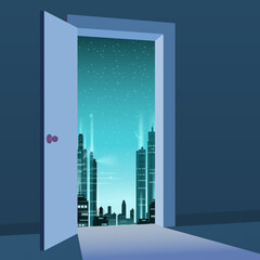 Open Door to nature way. City night, Moon, town, symbol freedom, new way exit, discovery, opportunities. Motivation concept to real world. Vector illustration cartoon style poster banner