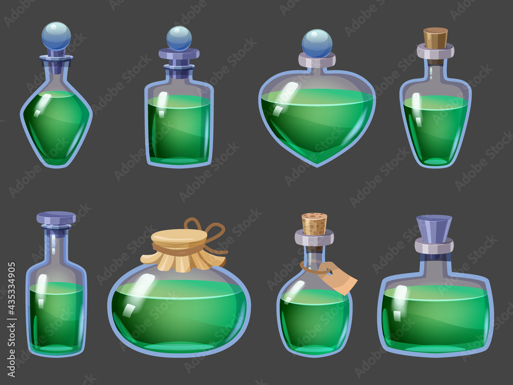 Wall mural set of bottles magic liquid potion fantasy elixir. game icon gui for app games user interface. vecto