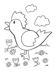 Cute Farm Rooster Coloring Book Page Vector Illustration Art
